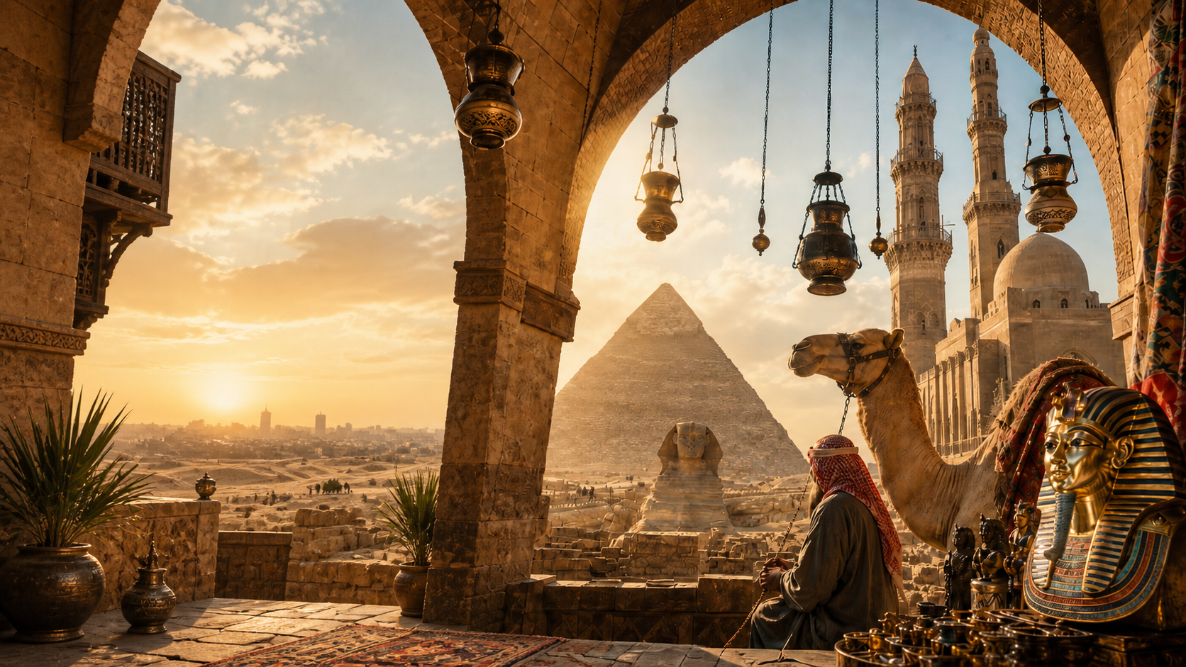 Cairo landmarks and market scene at sunset